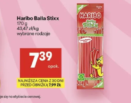 Żelki Haribo Balla Stixx Truskawkowe promocja w Delikatesy Centrum