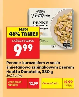 Penne z kurczakiem w sosie śmietanowo szpinakowym z serem ricotta Donatello promocja w Biedronka