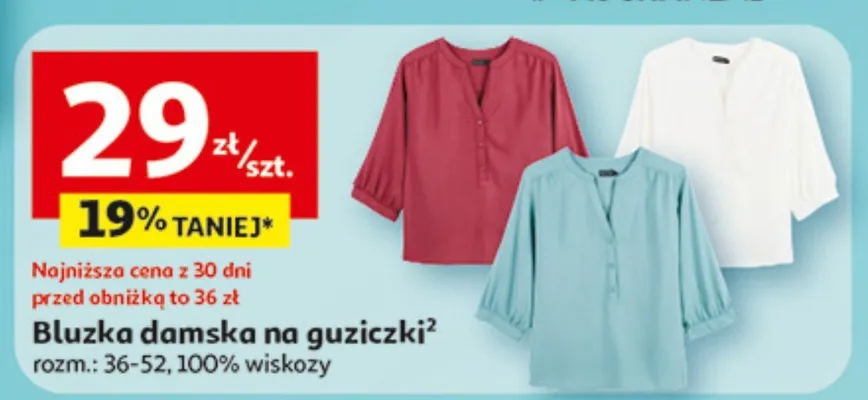 Bluzka damska na guziczki, rozm. 36-52, 100% wiskoza promocja w Auchan