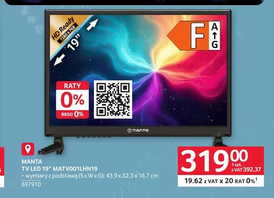 Telewizor Manta Tv LED 19" MATV001LHN19 promocja w Selgros