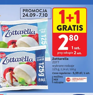 Ser mozzarella Zottarella Light Zott promocja w Intermarche
