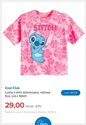 Luźny t-shirt dziewczęcy różowy fluo Lilo i Stitch Cool Club promocja w Smyk