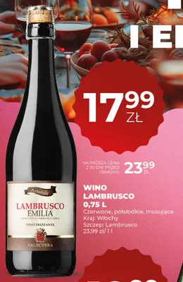 Wino Lambrusco Emilia Valbutera czerwone półsłodkie musujące promocja w Duży Ben