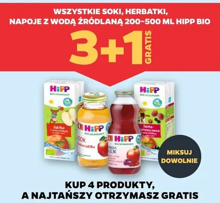 Wszystkie soki, herbatki, napoje z wodą źródlaną 200-500 ml HiPP BIO 3+1 GRATIS promocja w Netto