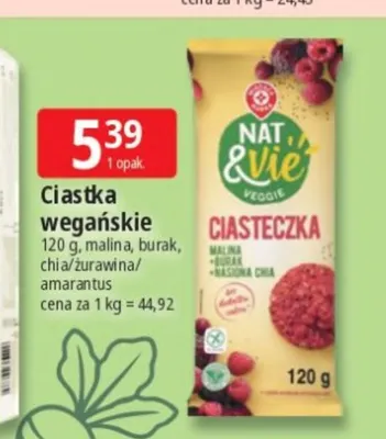 Ciastka wegańskie malina burak chia Nat & Vie promocja w Leclerc