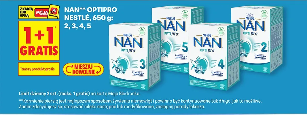 Mleko modyfikowane NAN 650g 1+1 GRATIS promocja w Biedronka