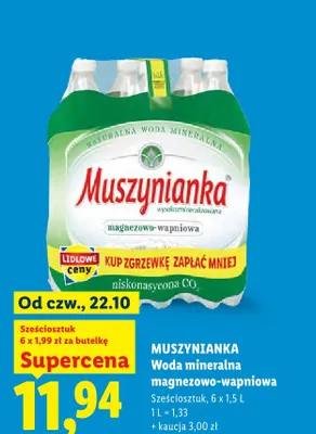 Woda mineralna Muszynianka magnezowo-wapniowa niskonasycona CO2 6-pak promocja w Lidl