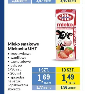 Mleko smakowe Mlekovita UHT waniliowe promocja w Makro