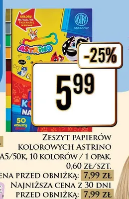 Zeszyt papierów kolorowych Astrino A5 50k promocja w Dino