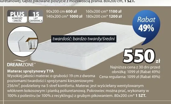 Materac sprężynowy Dreamzone TYA promocja w Jysk