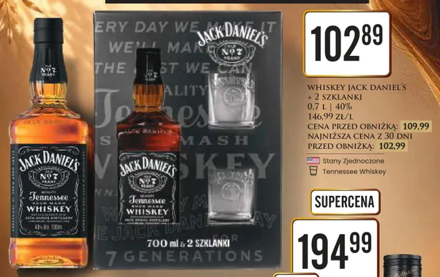 Whiskey Jack Daniel's + 2 szklanki 40% promocja w Dino