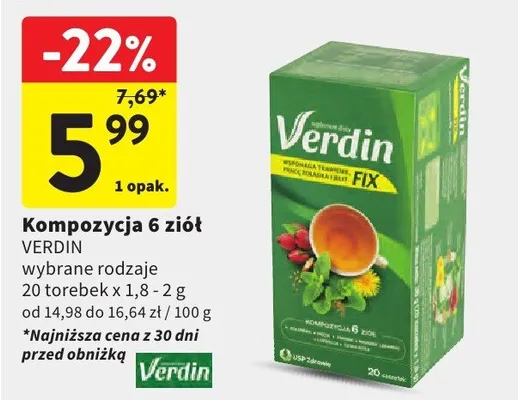 Kompozycja 6 ziół wybrane rodzaje 20 torebek x 1,8-2g promocja w Intermarche