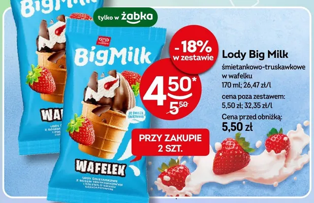 Lody Big Milk śmietankowo-truskawkowe w wafelku promocja w Żabka