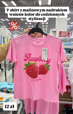 T-shirt damski Pepco Women różowy z malinowym nadrukiem Raspberry promocja w Pepco
