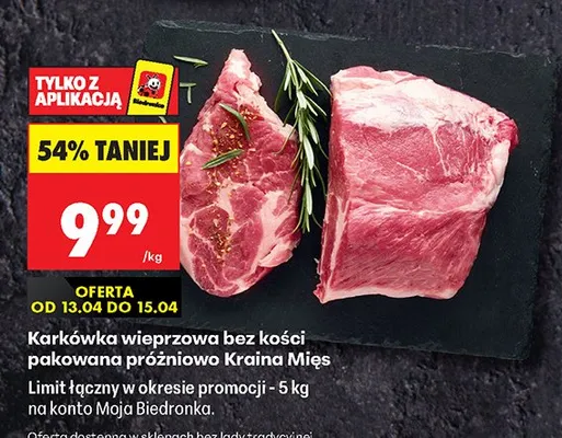 Karkówka wieprzowa bez kości pakowana próżniowo Kraina Mięs promocja w Biedronka