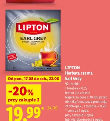 Herbata czarna Lipton Earl Grey promocja w Lidl