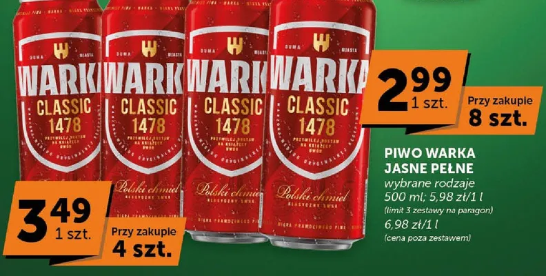 Piwo Warka Jasne Pełne wybrane rodzaje promocja w ABC