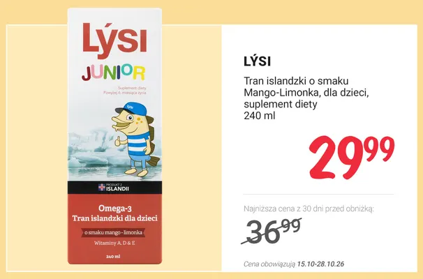 Tran islandzki o smaku mango-limonka dla dzieci suplement diety Lýsi promocja w Rossmann