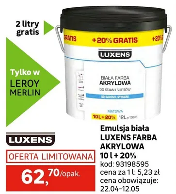 Emulsja biała LUXENS FARBA AKRYLOWA 10l + 20% promocja w Leroy Merlin