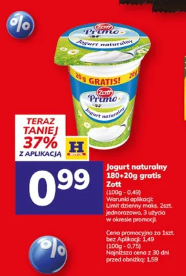 Jogurt naturalny Zott Primo 180+20 g gratis promocja w Hitpol