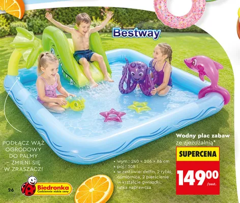 Wodny plac zabaw ze zjeżdżalnią Bestway wym. 240x206x86cm poj. 308l promocja w Biedronka