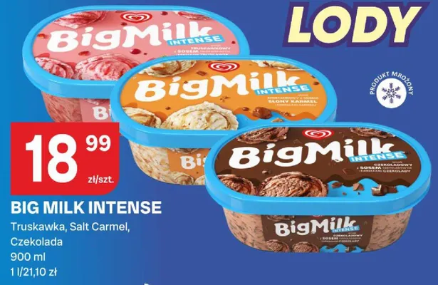 Lody Big Milk Intense truskawkowy z sosem truskawkowym i kawałkami truskawek promocja w Chorten