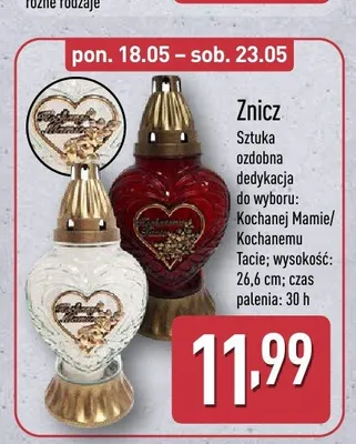 Znicz ozdobna dedykacja do wyboru: Kochanej Mamie/Kochanemu Tacie 26,6cm promocja w Aldi