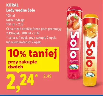 Lody wodne sorbetowe truskawkowe Koral Solo promocja w Lidl