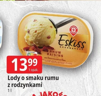 Lody o smaku rumu z rodzynkami Eskiss promocja w Leclerc