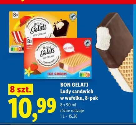 Lody sandwich w wafelku Bon Gelati 8-pak 90ml promocja w Lidl