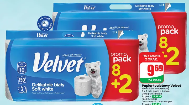 Papier toaletowy Velvet Delikatnie biały 10-pak promocja w Dino