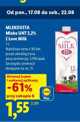 Mleko UHT Mlekovita I Love Milk 3,2% promocja w Lidl