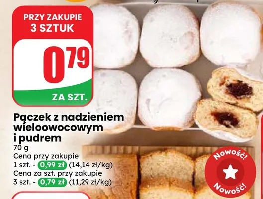 Pączek z nadzieniem wieloowocowym i pudrem promocja w Dino