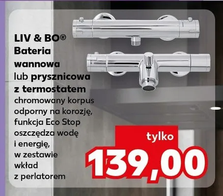 Bateria wannowa lub prysznicowa z termostatem chromowany korpus odporny na korozję, funkcja Eco Stop oszczędza wodę i energię, w zestawie wkład z perlatorem promocja w Kaufland