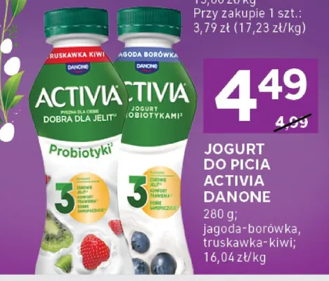 Jogurt do picia Activia jagoda-borówka, truskawka-kiwi promocja w Stokrotka