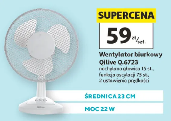 Wentylator biurkowy Qilive Q.6723 średnica 23cm moc 22W promocja w Auchan