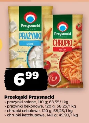 Przekąski Przysnacki prażynki solone, prażynki bekonowe, chrupki cebulowe, chrupki ketchupowe promocja w Netto