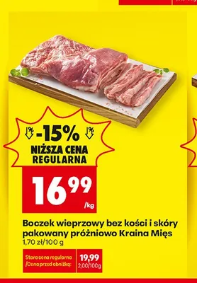 Boczek wieprzowy bez kości i skóry pakowany próżniowo Kraina Mięs promocja w Biedronka