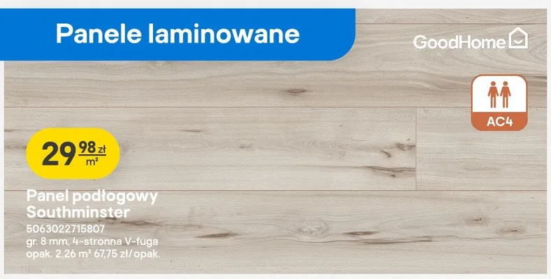 Panel podłogowy GoodHome Southminster AC4 gr. 8mm 4-stronna V-fuga promocja w Castorama