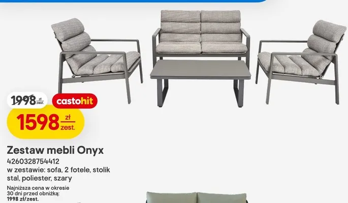 Zestaw mebli Onyx w zestawie: sofa, 2 fotele, stolik stal, poliester, szary promocja w Castorama