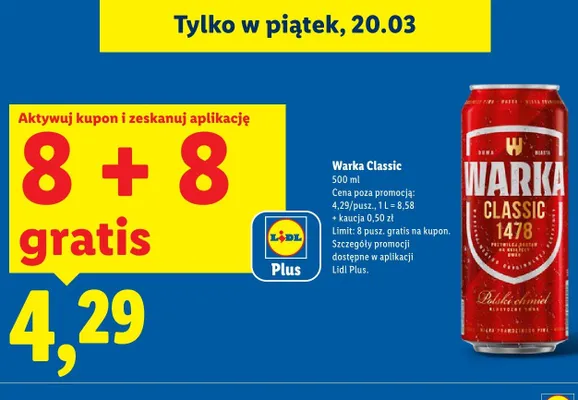 Piwo Warka Classic 8+8 GRATIS promocja w Lidl