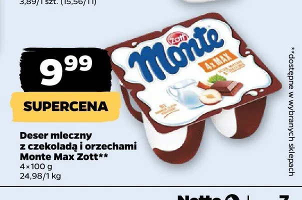 Deser mleczny z czekoladą i orzechami Monte Max Zott 4-pak promocja w Netto