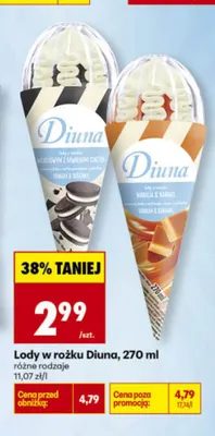 Lody w rożku Diuna waniliowe z kawałkami ciastek promocja w Biedronka