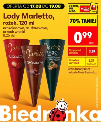 Lody rożek Marletto orzech włoski promocja w Biedronka