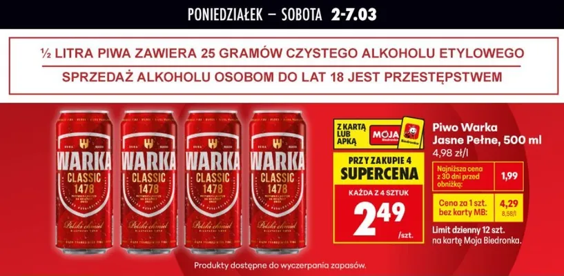 Piwo Warka Jasne Pełne promocja w Biedronka