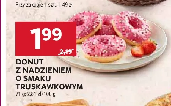 Donut z nadzieniem o smaku truskawkowym promocja w Stokrotka