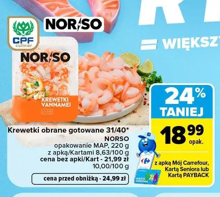 Krewetki obrane gotowane Norso promocja w Carrefour Market
