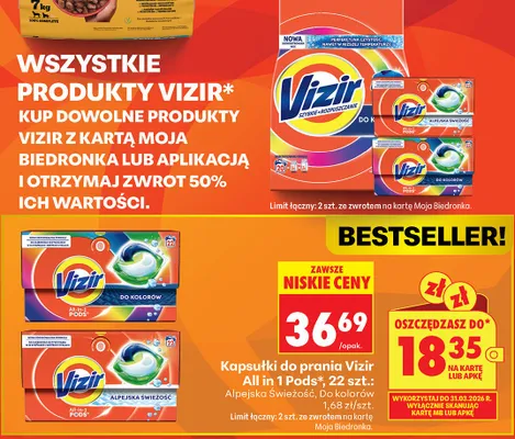 Kapsułki do prania Vizir All in 1 Pods Alpejska Świeżość promocja w Biedronka