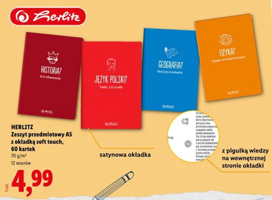 Zeszyt przedmiotowy A5 Herlitz z okładką soft touch 60 kartek promocja w Lidl