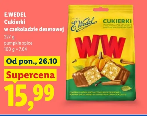 Cukierki w czekoladzie deserowej WW pumpkin spice E.Wedel promocja w Lidl